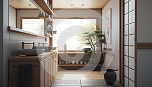3d render of japanese style bathroom interior design. 3d illustration