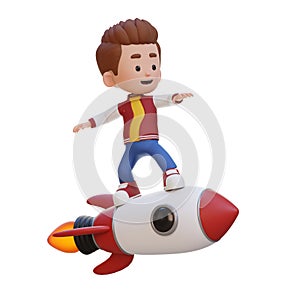 3D kid character standing riding a rocket