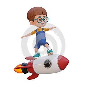 3D kid character standing riding a rocket