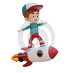 3D kid character standing riding a rocket