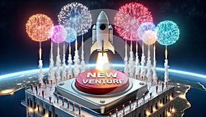 3D render of a launch pad with a giant push-button marked NEW VENTURE. As the button is pressed vibrant fireworks explode in the photo