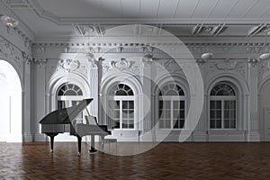 3d render of light in empty classic concert room with grand piano through the opened door