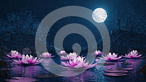 3d render Lotus flowers on a magical night on the water against the backdrop of the moon