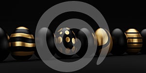3d render luxury golden easter egg in row on dark background. Elegant painted black Easter eggs with golden shiny paint. Modern