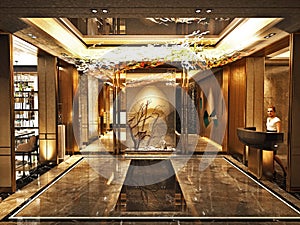 3d render of luxury hotel reception and lobby