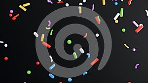 3d render of many multicolored confetti on black background