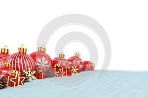 3d render - red christmas baubles over white background