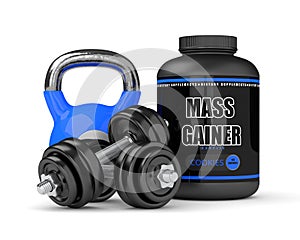 3d render of mass gainer with dumbbells and kettlebell photo