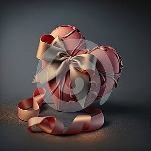 3D Render, Matte Red Heart Shape Wrapped With Bronze Bow Silk