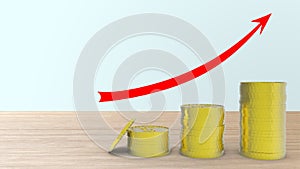 3D render metal gold coin yellow on wood table blue background stack step up graph with red arrow, Risk management business