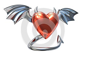 3D render of Metallic Heart shape with devil wings isolated on white background