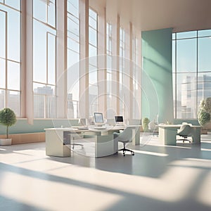 A 3D render of a minimalist, modern open-plan office space featuring abstract geometric sculptures in pastel colors