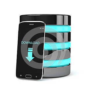 3d render of mobile phone with server over white