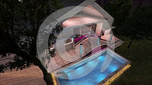 MODERN HOUSE 3D RENDERING POOL FRONT TOP LEFT SIDE FAR VIEW