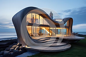 3d render of modern architecture on the seashore at sunset, AI Generated