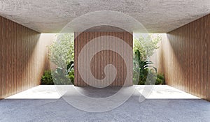 3d render, Modern concrete structure featuring lush plants and wooden panels