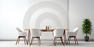 3d render of a modern dining room with white chairs and table