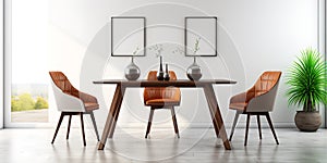 3d render of a modern dining room with white chairs and table