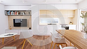 3D render of Modern Kitchen, Livingroom and Dinning room