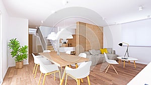 3D render of Modern Kitchen, Livingroom and Dinning room