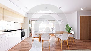 3D render of Modern Kitchen, Livingroom and Dinning room