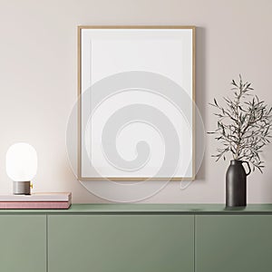 3d render of a modern mockup interior with wooden frame on an empty wall, a green sideboard photo