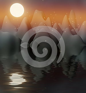3D render of the moon dawn on a mountain lake