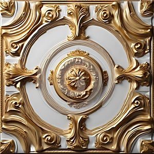 3d render moulding wall panel ceiling gold and white
