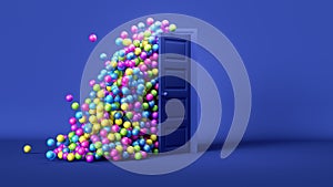 3D render. Multicolored balls fall outside the open blue door. Party wallpaper. Surprise concept