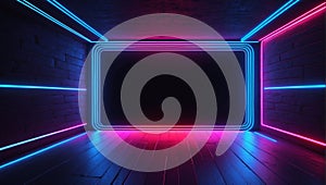 3d render neon abstract background blank horizontal screen, empty room