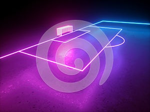 3d render, neon football playground, soccer field perspective angle view, virtual sportive game, pink blue glowing line.