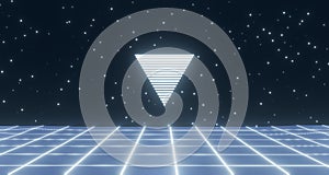 Neon glowing geometric shape, retro wireframe poster