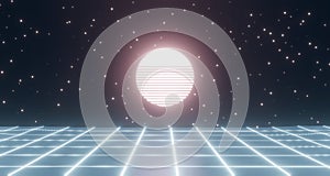 Neon glowing geometric shape, retro wireframe poster