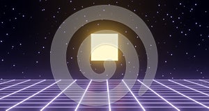 3d render, neon glowing retro wireframe poster