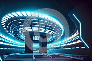 3d render neon huge empty stadium with bright illumination