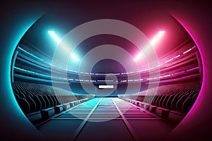 3d render neon huge empty stadium with bright illumination