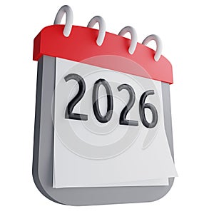 3D render new year 2026 calendar icon isolated on white background