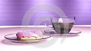 3D render of nice looking glass cup with coffee on a plate and colorful donut. On the bright surface with vibrant brick wall in