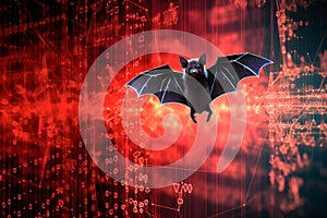 3D render Nipah virus and a bat in a digital binary background