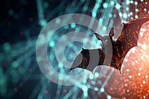 3D render Nipah virus and a bat in a digital binary background