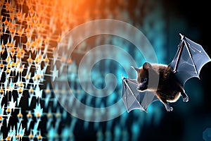 3D render Nipah virus and a bat in a digital binary background