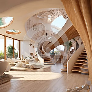 3D render of one floor house interior. A concept of a modern area. colorful and curv stairs photo