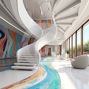 3D render of one floor house interior. A concept of a modern area. colorful and curv stairs photo