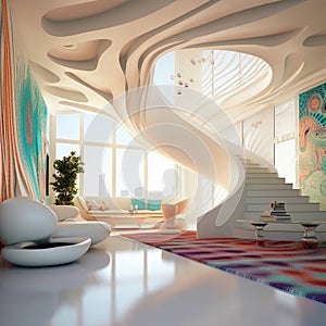 3D render of one floor house interior. A concept of a modern area. colorful and curv stairs photo