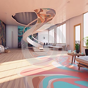 3D render of one floor house interior. A concept of a modern area. colorful and curv stairs photo