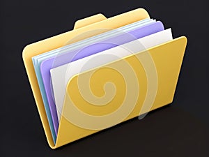 3D render open folder with colorful documents. File management and organization concept