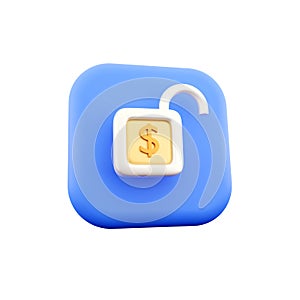 3d render open padlock icon isolated on blue button. 3D render open lock icon on white background