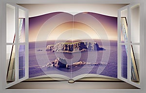 3D render of an opened photo book with a small rocky island in the middle of the northern Ireland sea seen from a window - toned