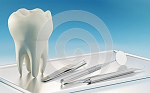 3D render of oversize human tooth and dental tools on silver tray