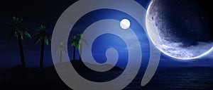 3D render of palm tree island with planets